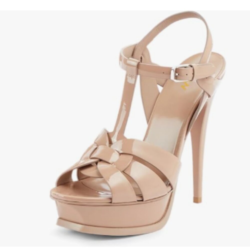 YDN Nude High Heeled Platform Sandals Peep Toe Stiletto Heels T-strap Shoes